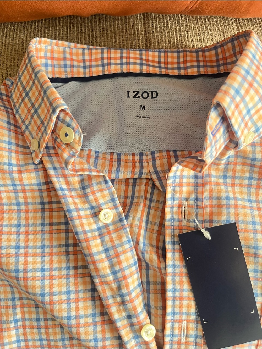 NWT Iazod Men’s Orange & Light Blue Plaid Button-Down Shirt shirt sleeve M.